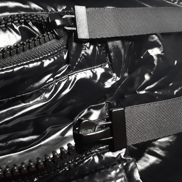 Kensie Black Puffer Jacket With Hood Wet Look Glossy - Picture 7 of 12